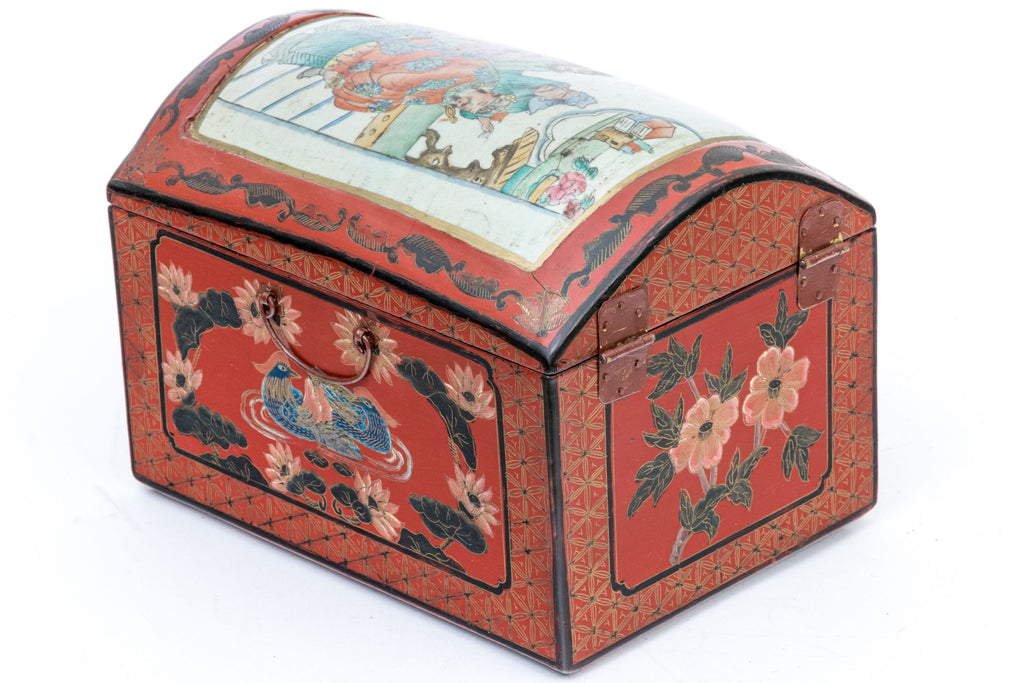 Vintage Chinese Lacquer Jewelry Chest With Famille Rose Porcelain