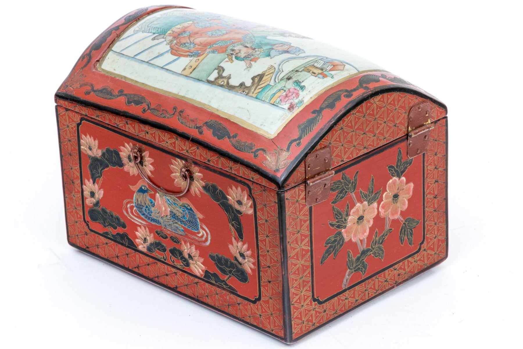 Vintage Chinese Lacquer Jewelry Chest With Famille Rose Porcelain