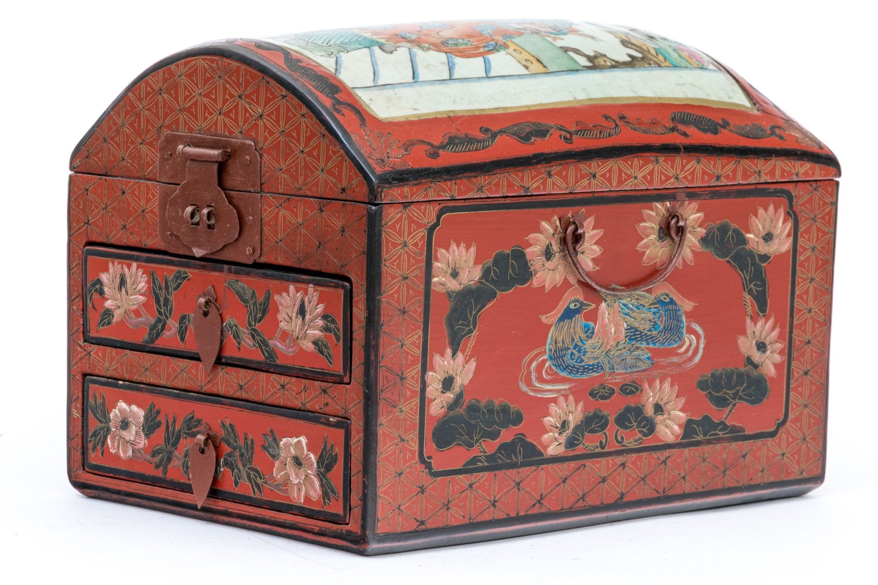 Vintage Chinese Lacquer Jewelry Chest With Famille Rose Porcelain