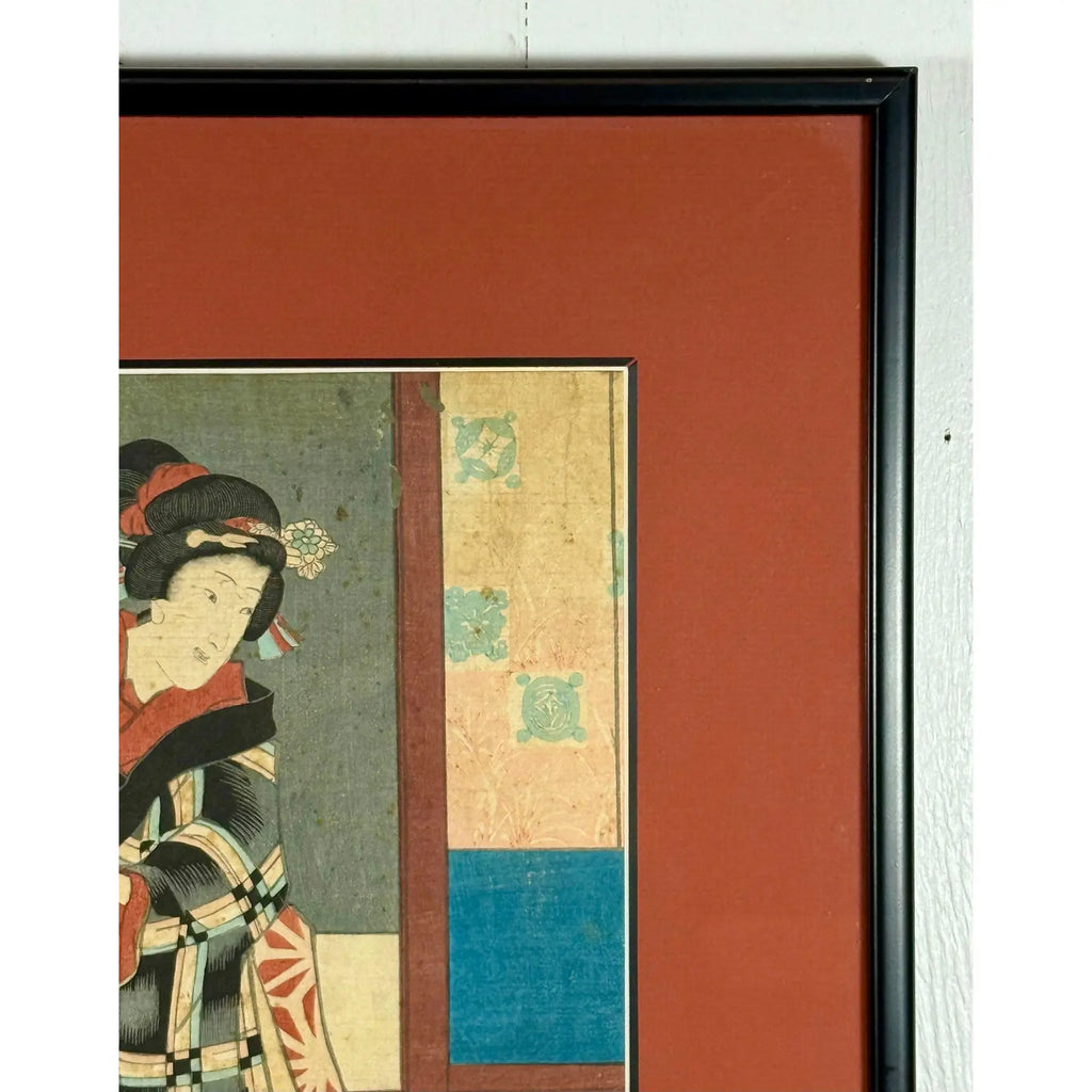 Rare Signed 19th C. Utagawa Kunisada Japanese Woodblock Print, Toyokuni III Ukiyo-e Art, Checkered Kimono Portrait, Antique Edo Period Asian Decor