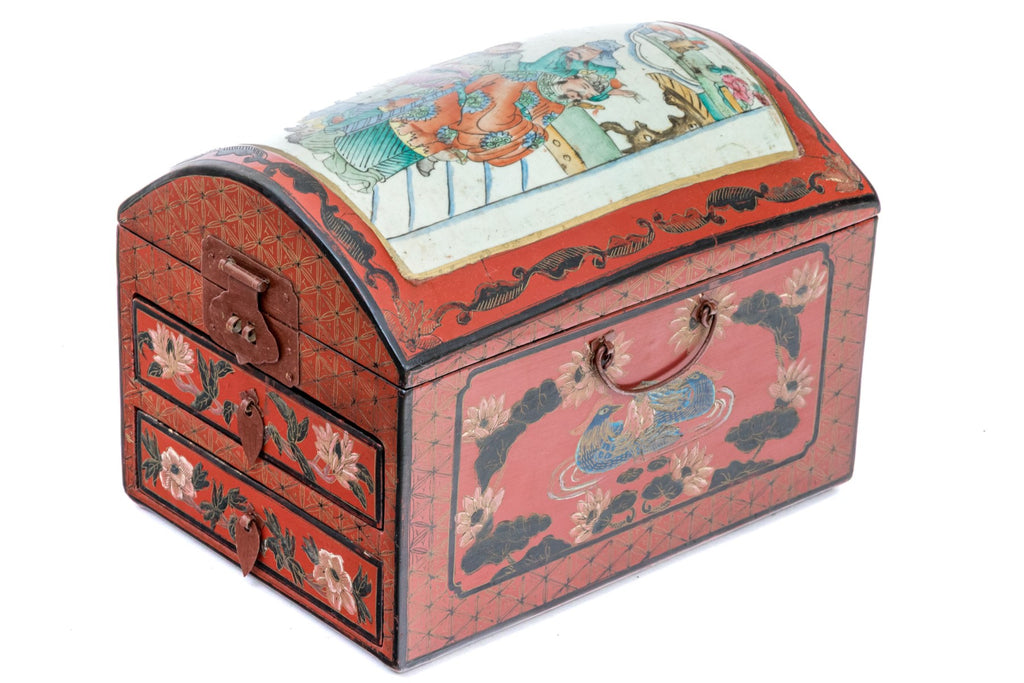 Vintage Chinese Lacquer Jewelry Chest With Famille Rose Porcelain