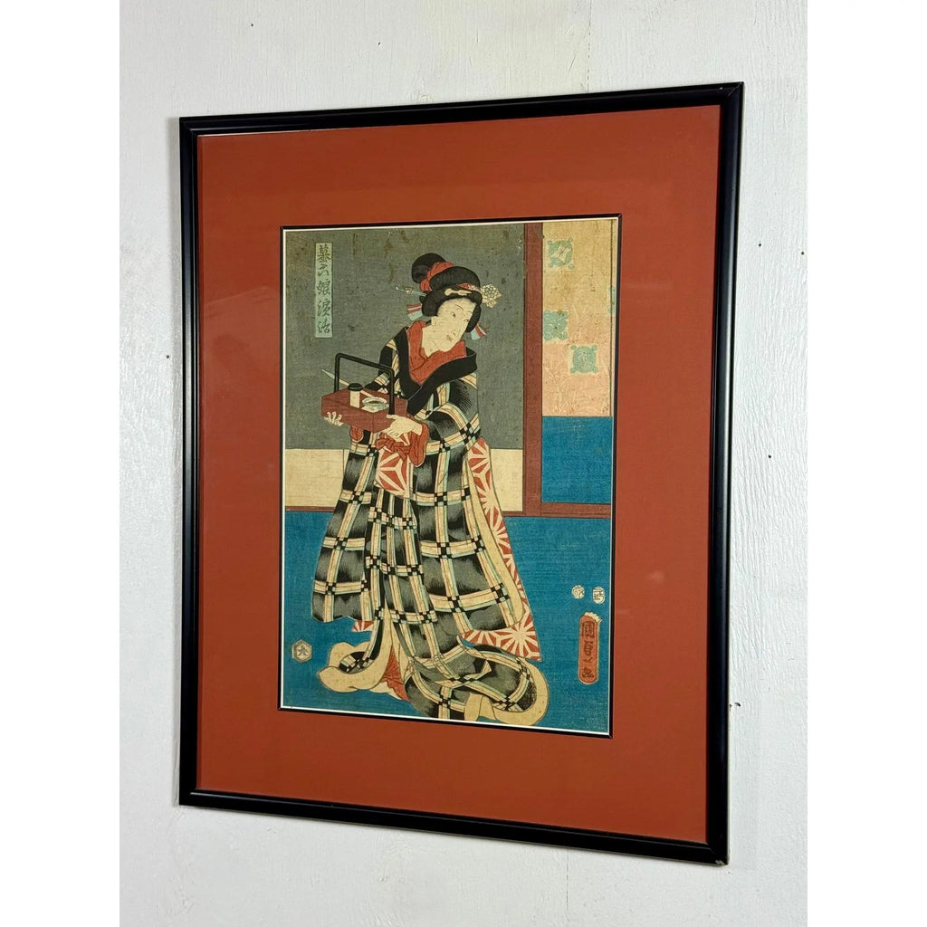 Rare Signed 19th C. Utagawa Kunisada Japanese Woodblock Print, Toyokuni III Ukiyo-e Art, Checkered Kimono Portrait, Antique Edo Period Asian Decor