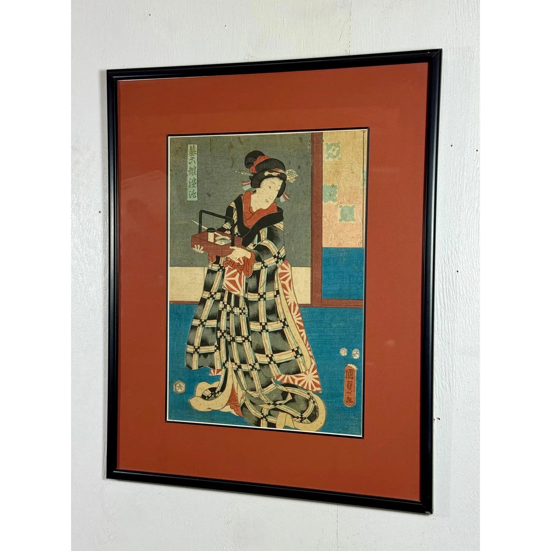 Rare Signed 19th C. Utagawa Kunisada Japanese Woodblock Print, Toyokuni III Ukiyo-e Art, Checkered Kimono Portrait, Antique Edo Period Asian Decor