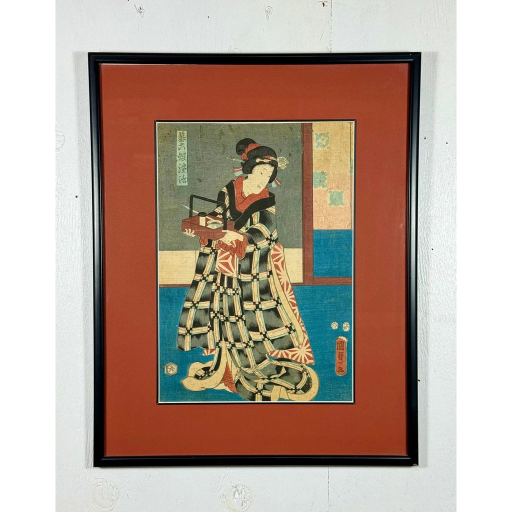 Rare Signed 19th C. Utagawa Kunisada Japanese Woodblock Print, Toyokuni III Ukiyo-e Art, Checkered Kimono Portrait, Antique Edo Period Asian Decor