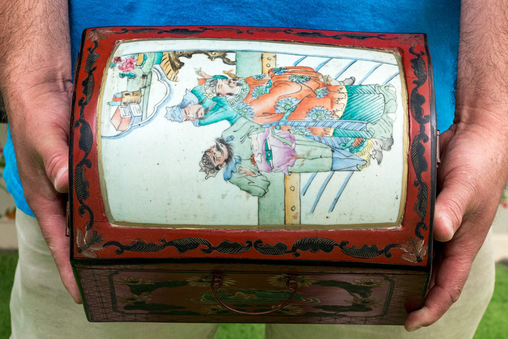 Vintage Chinese Lacquer Jewelry Chest With Famille Rose Porcelain