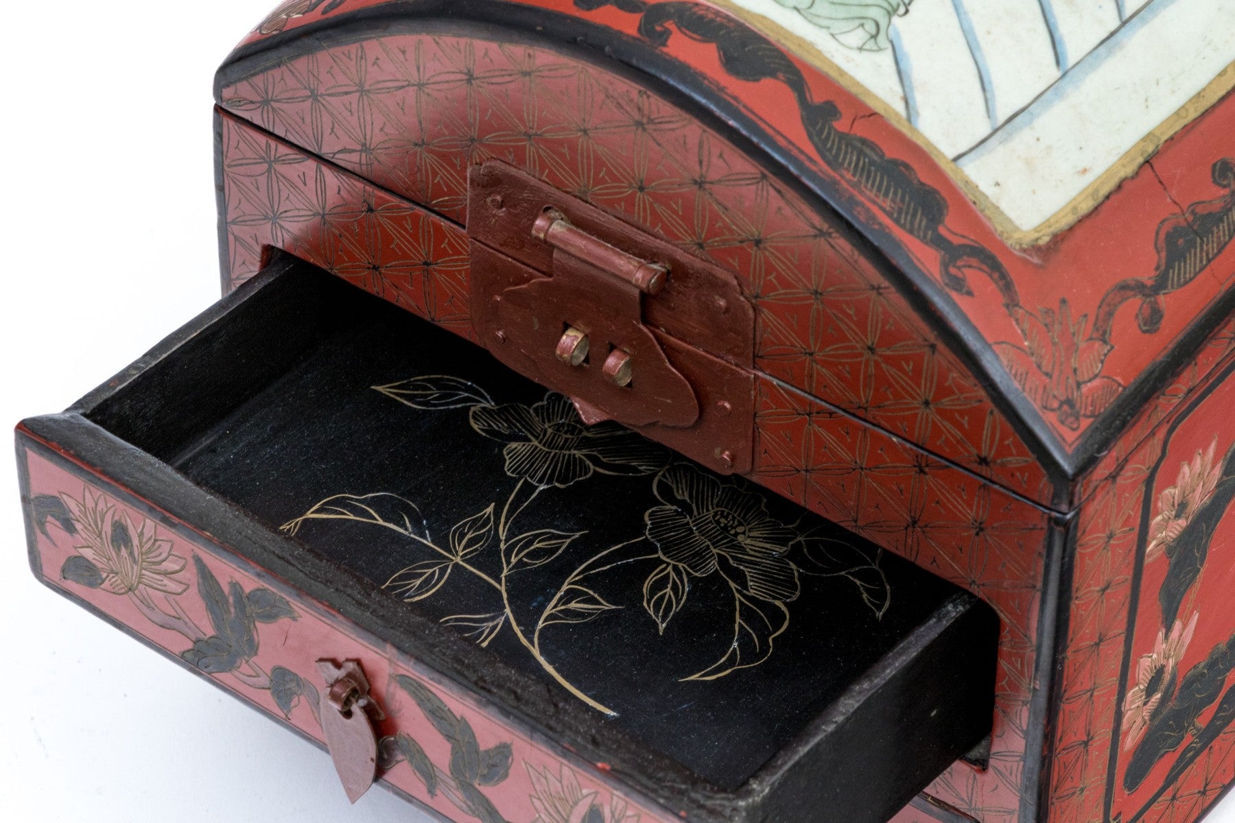Vintage Chinese Lacquer Jewelry Chest With Famille Rose Porcelain