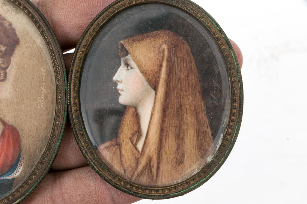 Pair Of Antique Hand-Painted Miniature Portraits After Masters