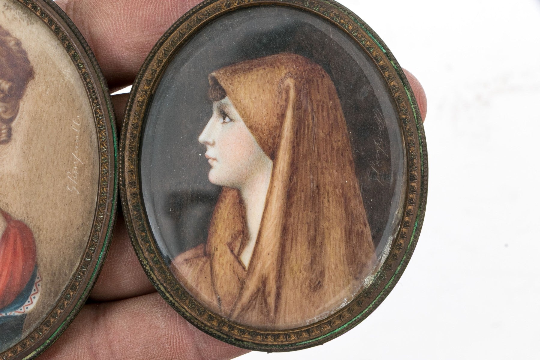 Pair Of Antique Hand-Painted Miniature Portraits After Masters