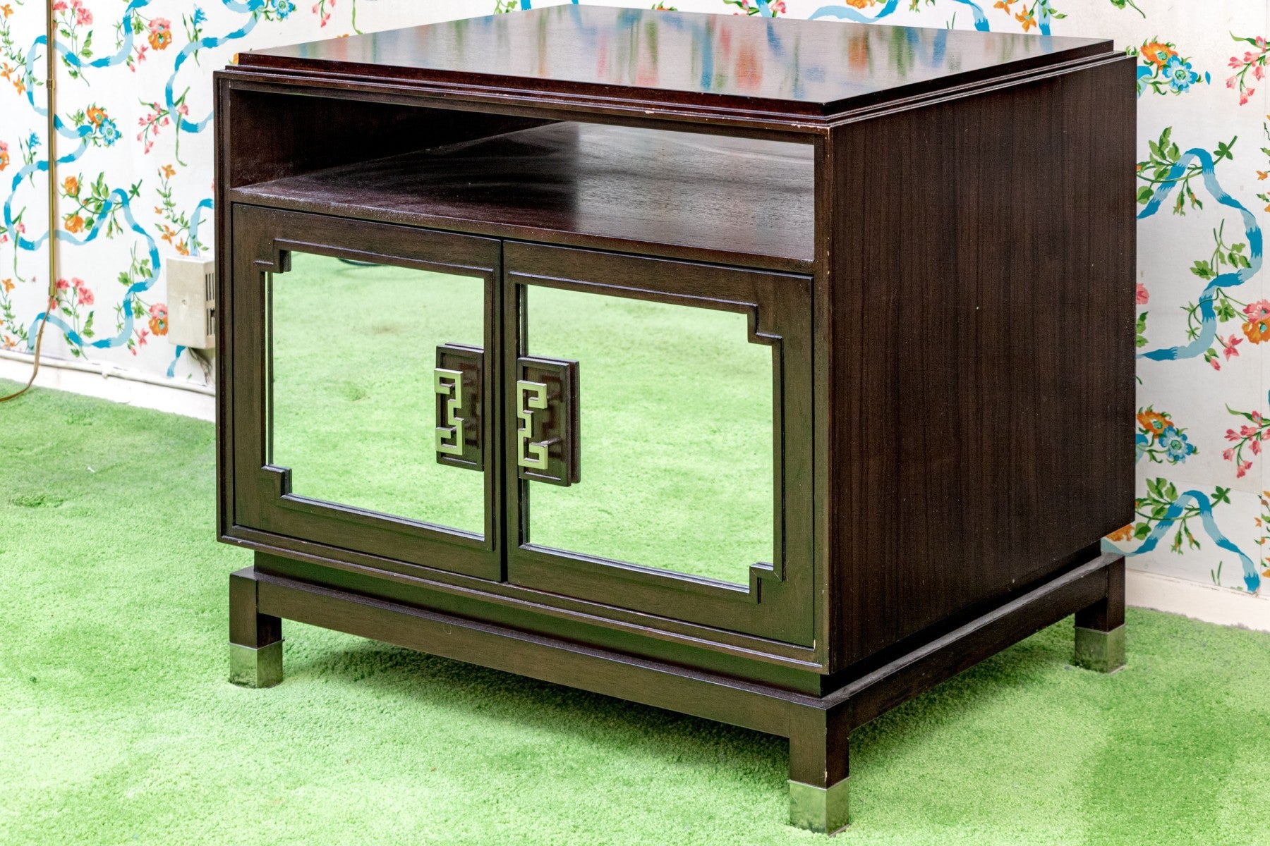 Vintage Post-Modern Chinese Mirrored Accent Cabinet With Fret Detail
