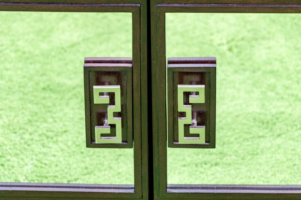 Vintage Post-Modern Chinese Mirrored Accent Cabinet With Fret Detail