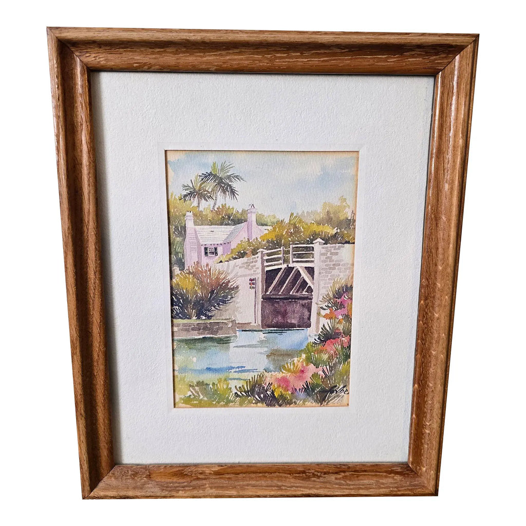 "1970s Joan Forbes 'Somerset Bridge' Bermuda Lithograph in Wood Frame"