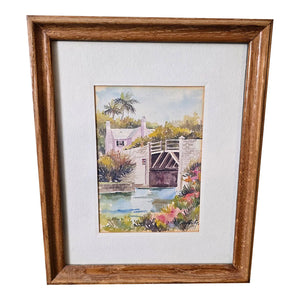 "1970s Joan Forbes 'Somerset Bridge' Bermuda Lithograph in Wood Frame"