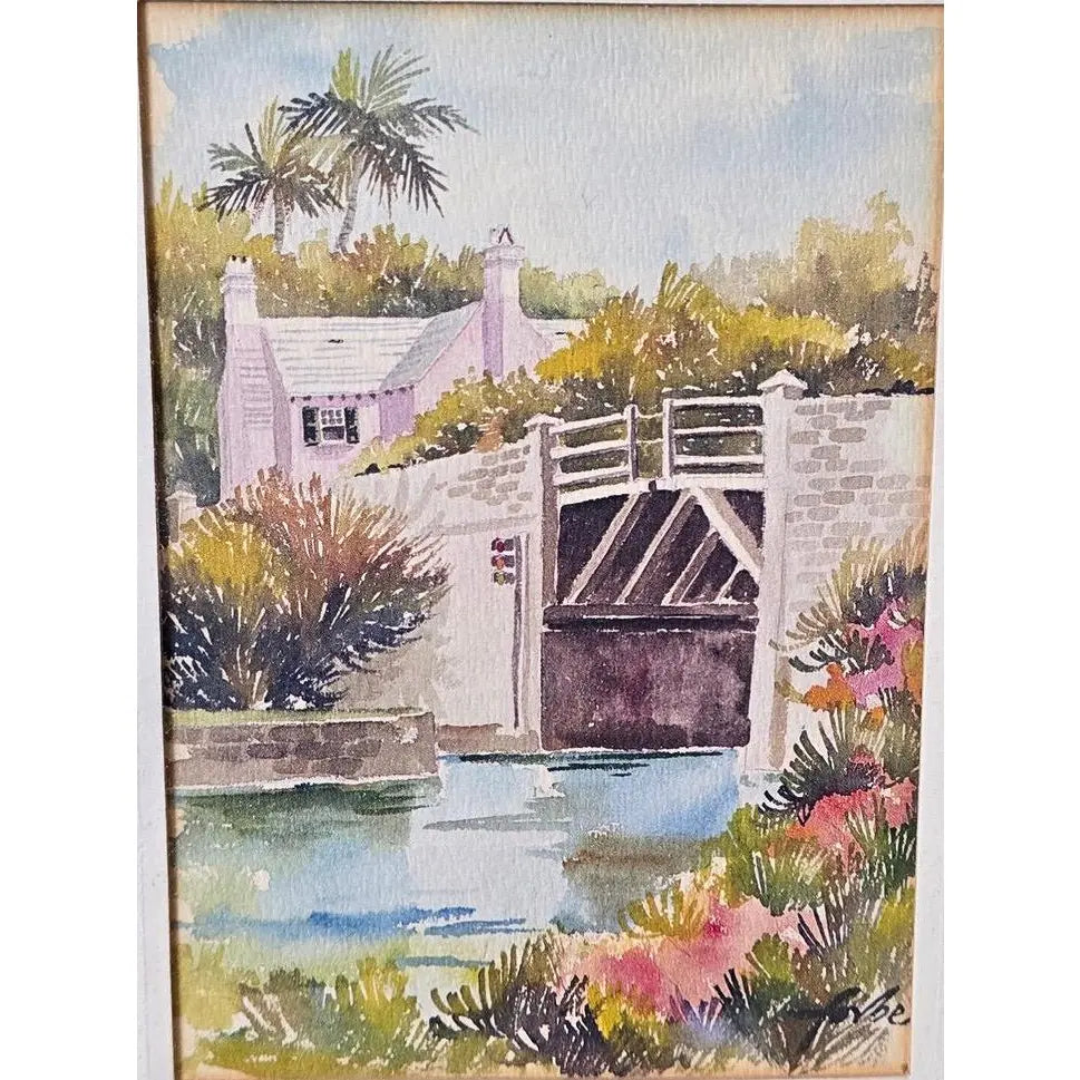 "1970s Joan Forbes 'Somerset Bridge' Bermuda Lithograph in Wood Frame"
