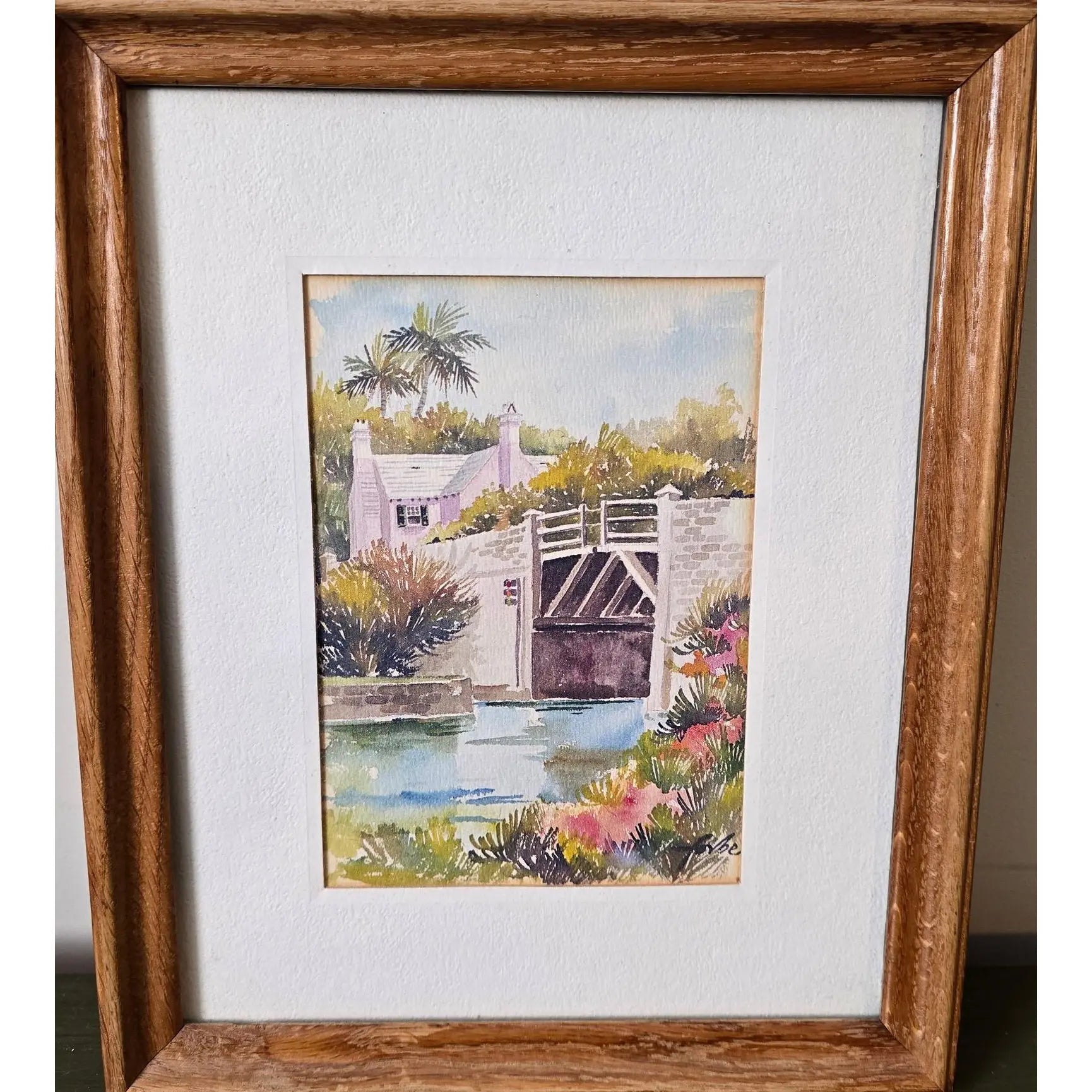 "1970s Joan Forbes 'Somerset Bridge' Bermuda Lithograph in Wood Frame"