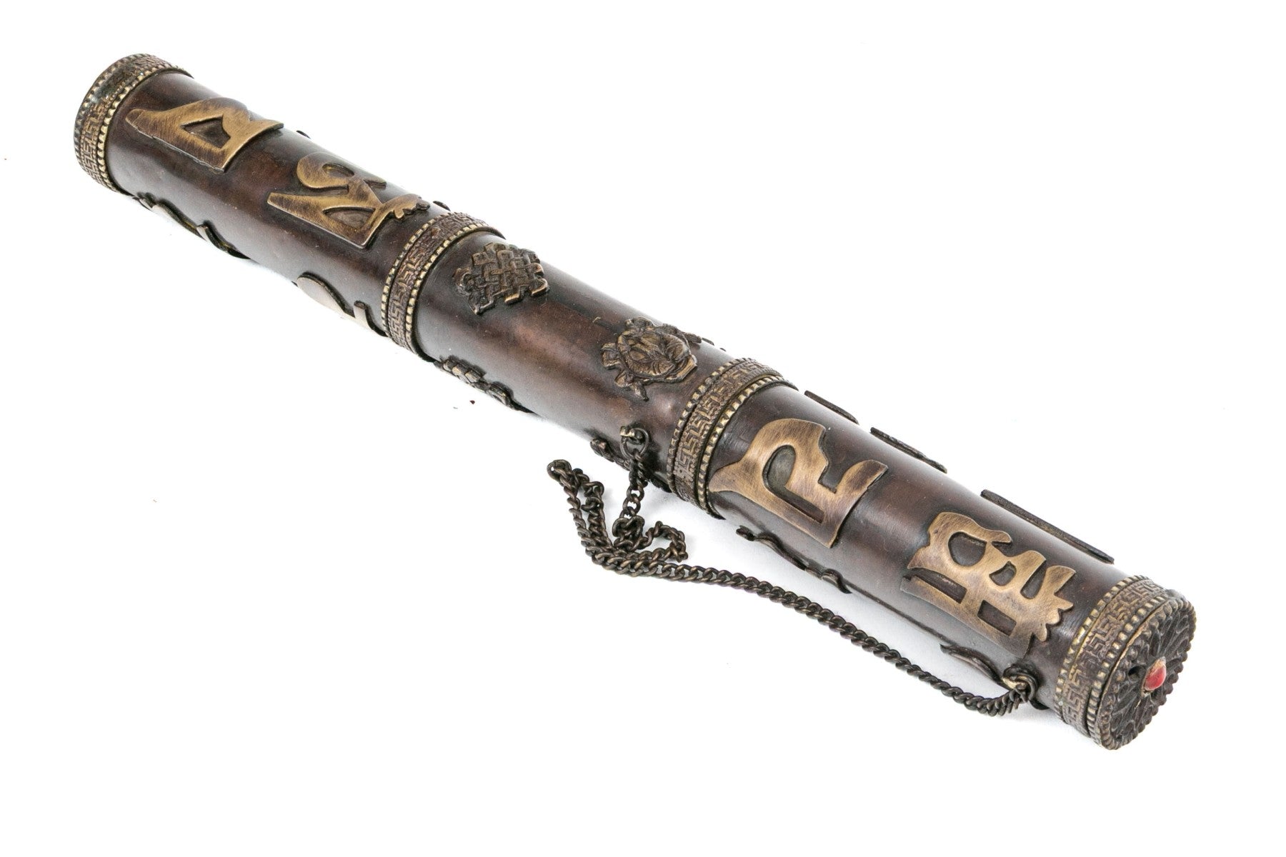 Vintage Tibetan Brass Sacred Scroll Case With Auspicious Buddhist Emblems