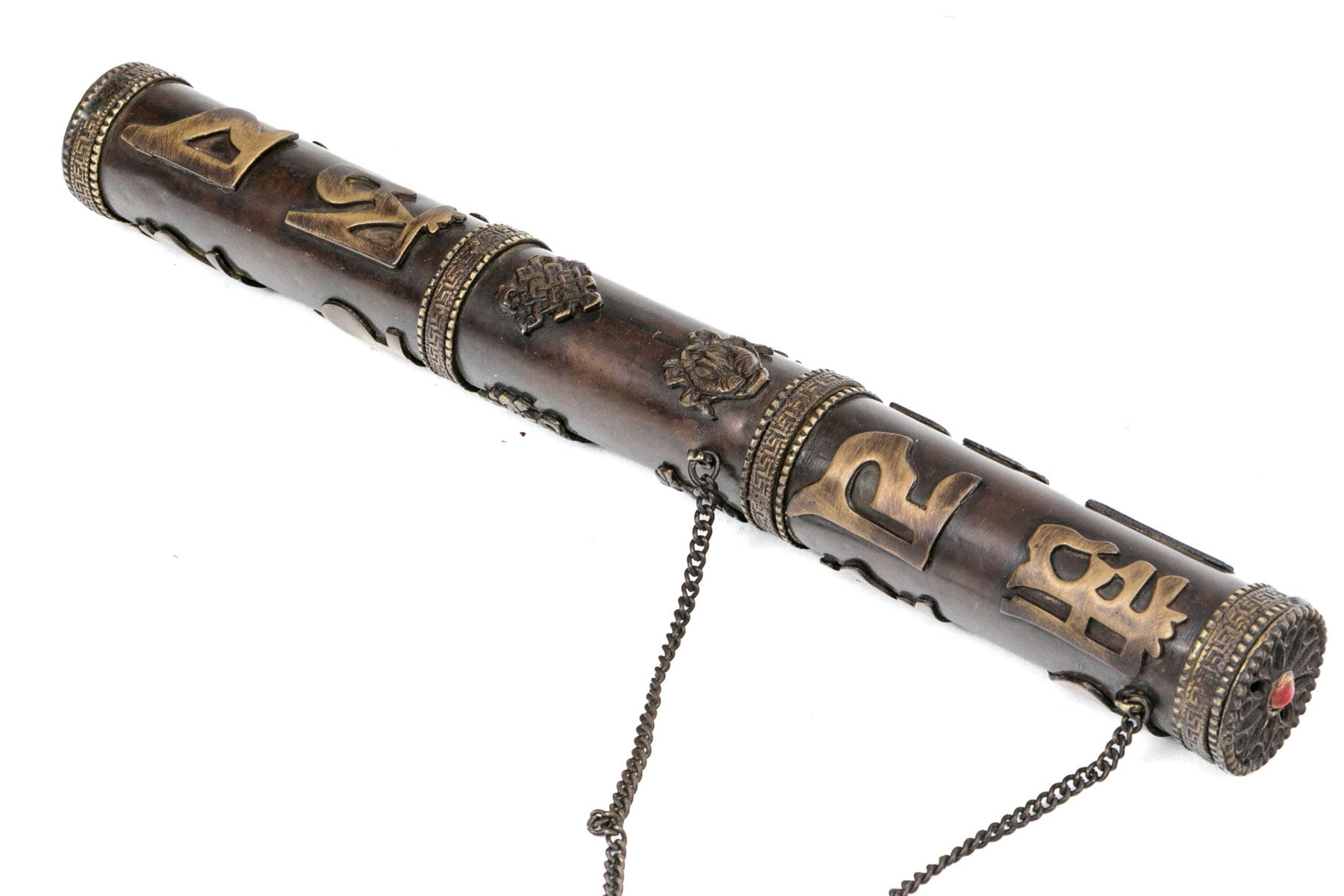 Vintage Tibetan Brass Sacred Scroll Case With Auspicious Buddhist Emblems