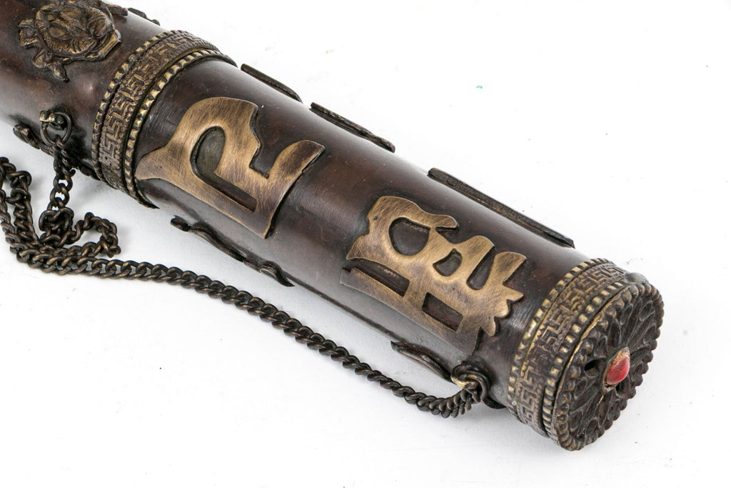 Vintage Tibetan Brass Sacred Scroll Case With Auspicious Buddhist Emblems