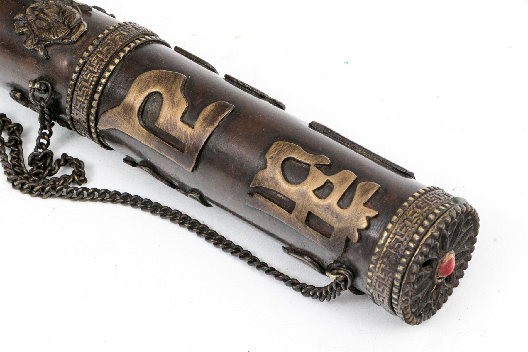 Vintage Tibetan Brass Sacred Scroll Case With Auspicious Buddhist Emblems