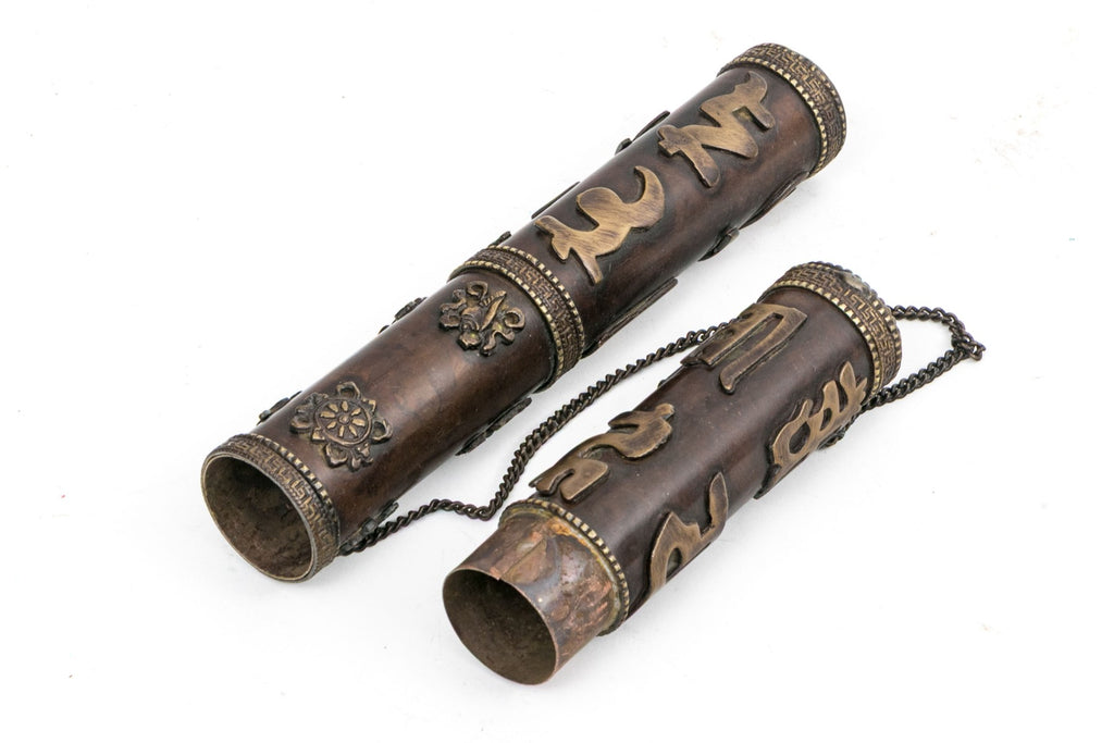 Vintage Tibetan Brass Sacred Scroll Case With Auspicious Buddhist Emblems