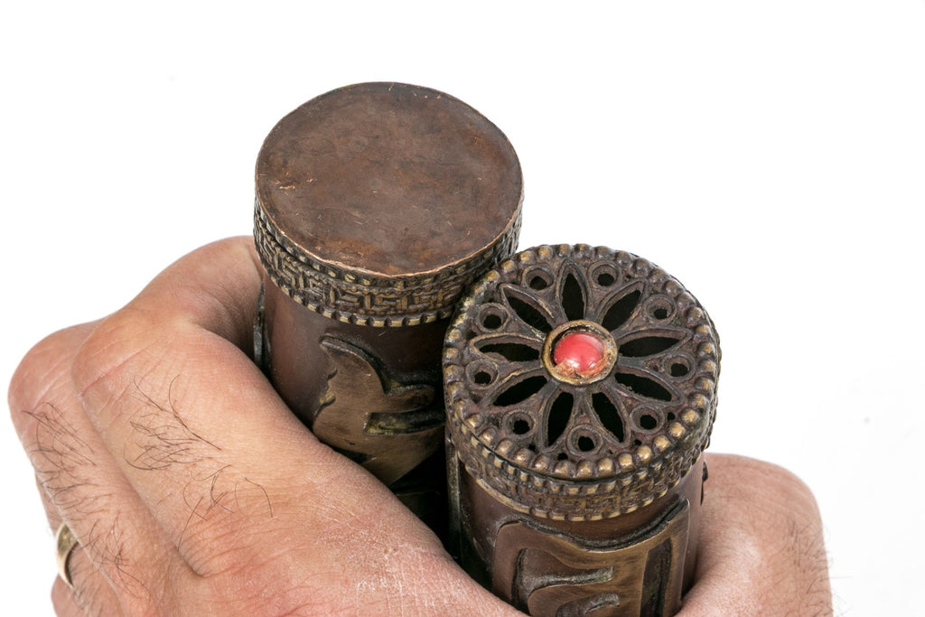Vintage Tibetan Brass Sacred Scroll Case With Auspicious Buddhist Emblems