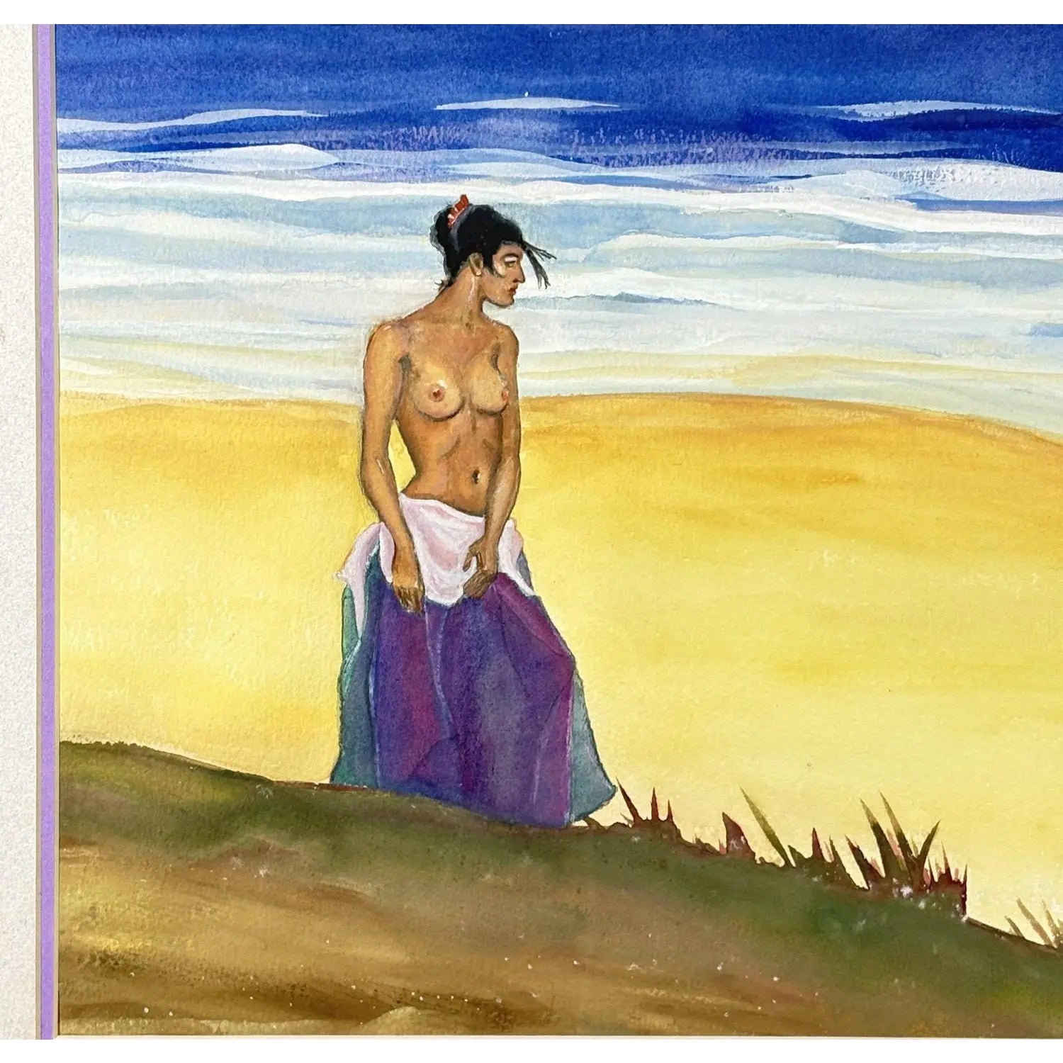 1980s Steve LeBailly Signed Original Watercolor "Woman on Beach"