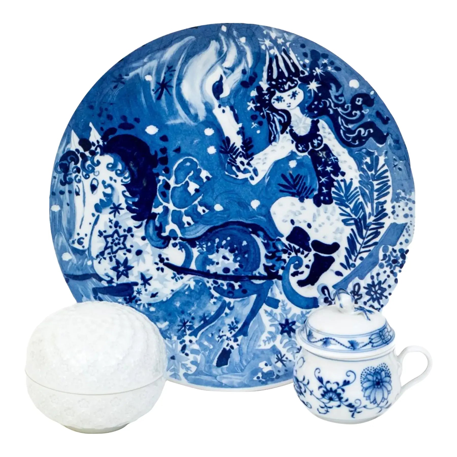 Meissen Porcelain Trio - 1979 Snow Queen Plate, Blue Onion Cream Cup, and White Blossom Relief Bowl