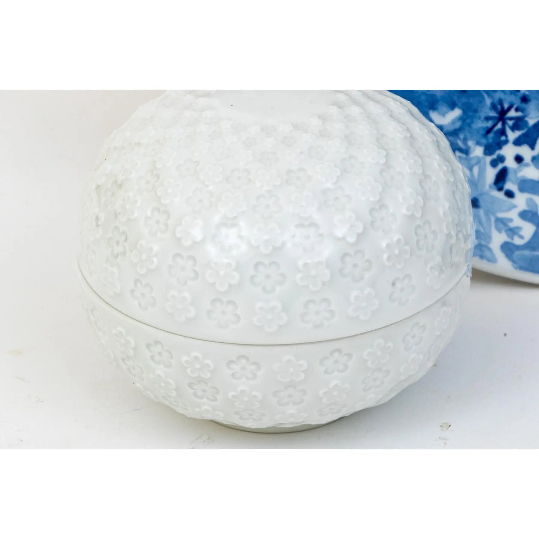 Meissen Porcelain Trio - 1979 Snow Queen Plate, Blue Onion Cream Cup, and White Blossom Relief Bowl