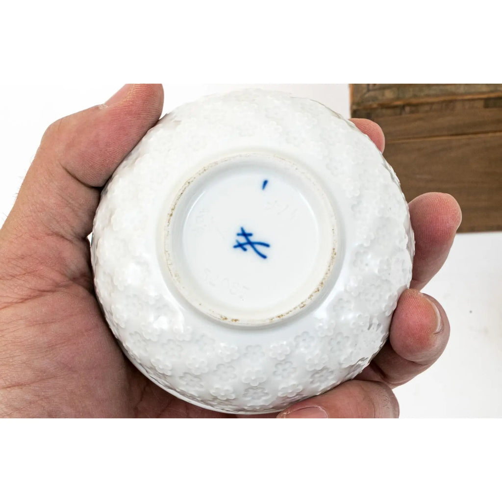 Meissen Porcelain Trio - 1979 Snow Queen Plate, Blue Onion Cream Cup, and White Blossom Relief Bowl