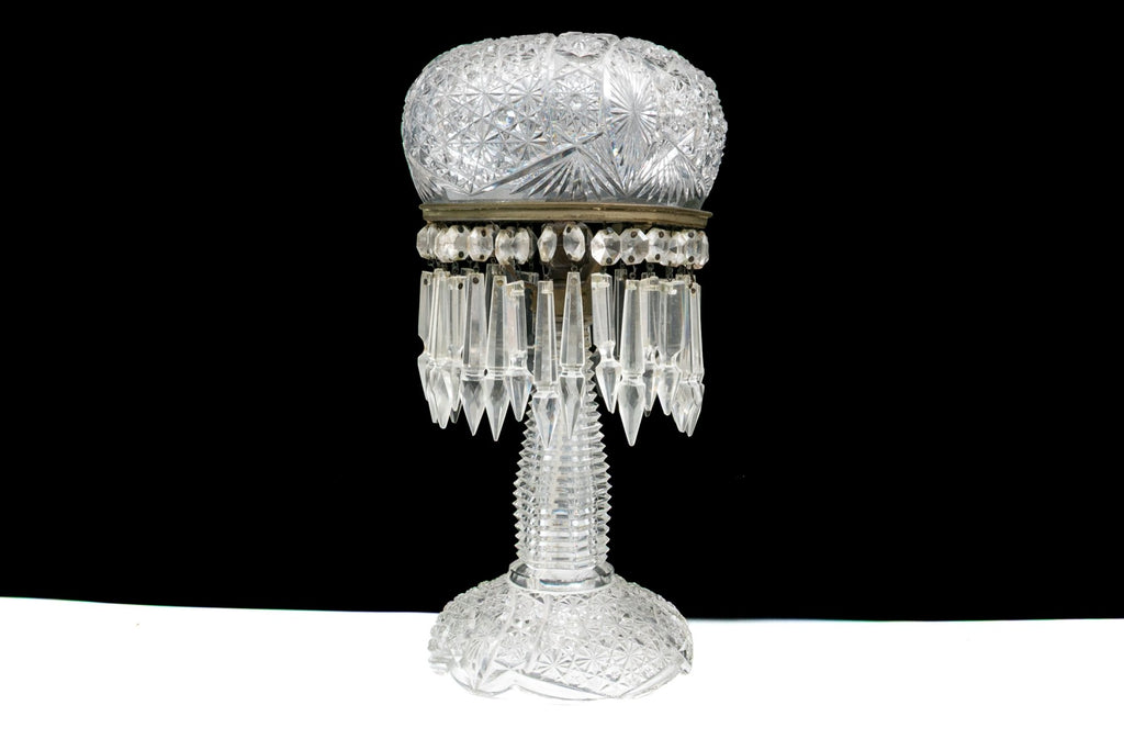Antique American Brilliant Period Cut Glass Mushroom Lamp With Crystal Prisms