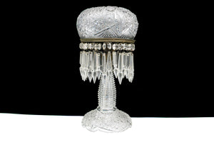 Antique American Brilliant Period Cut Glass Mushroom Lamp With Crystal Prisms