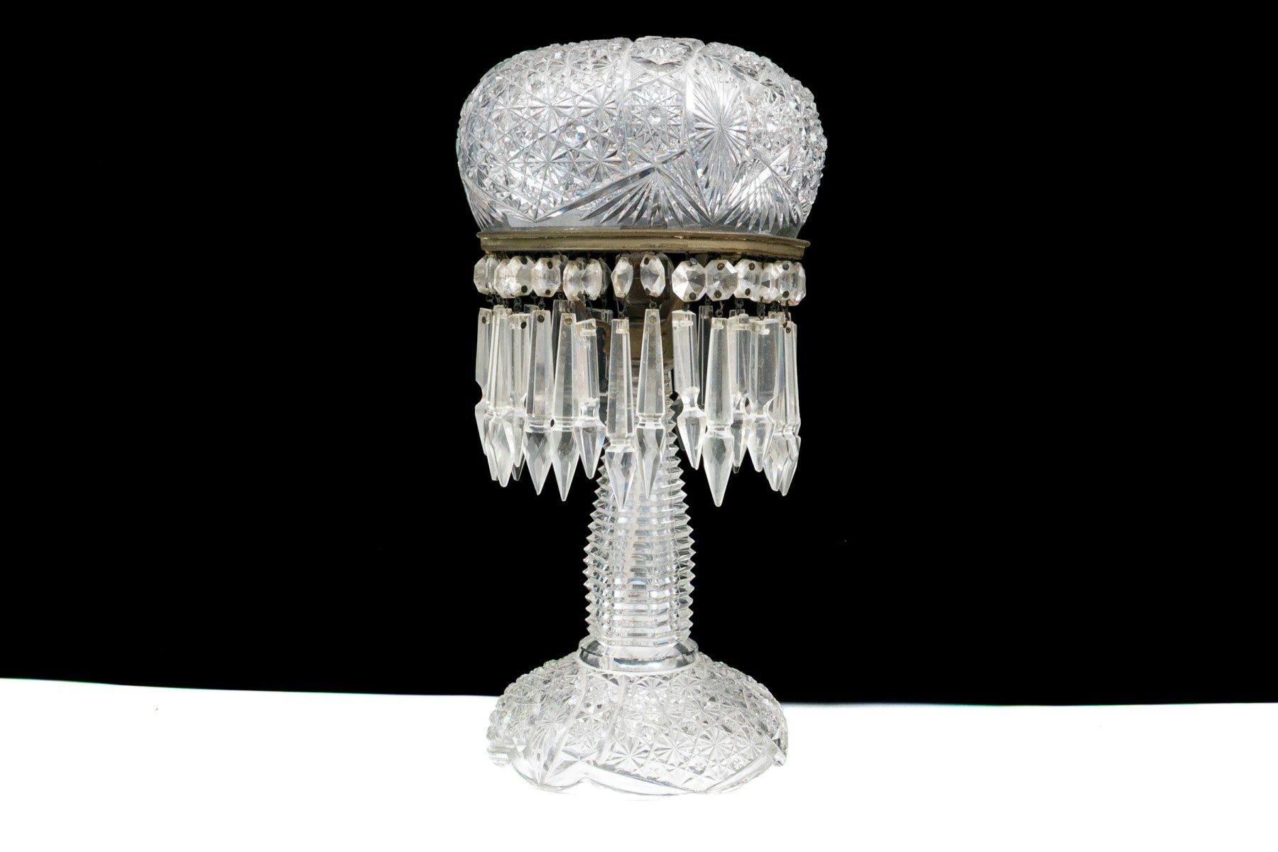 Antique American Brilliant Period Cut Glass Mushroom Lamp With Crystal Prisms