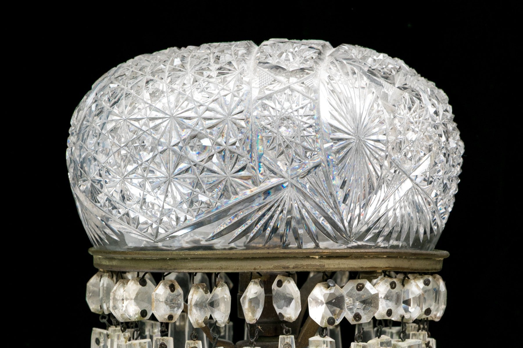 Antique American Brilliant Period Cut Glass Mushroom Lamp With Crystal Prisms