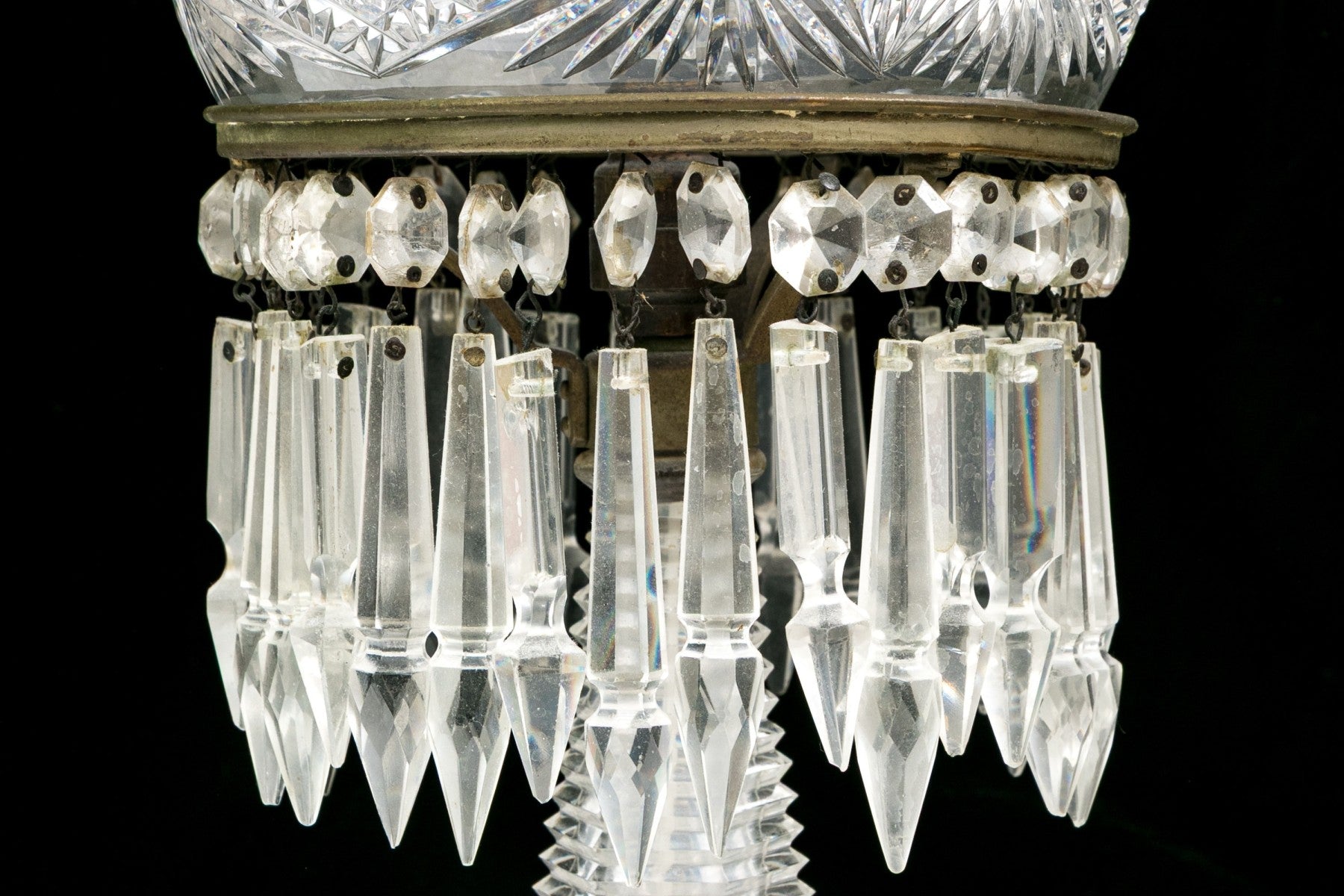 Antique American Brilliant Period Cut Glass Mushroom Lamp With Crystal Prisms