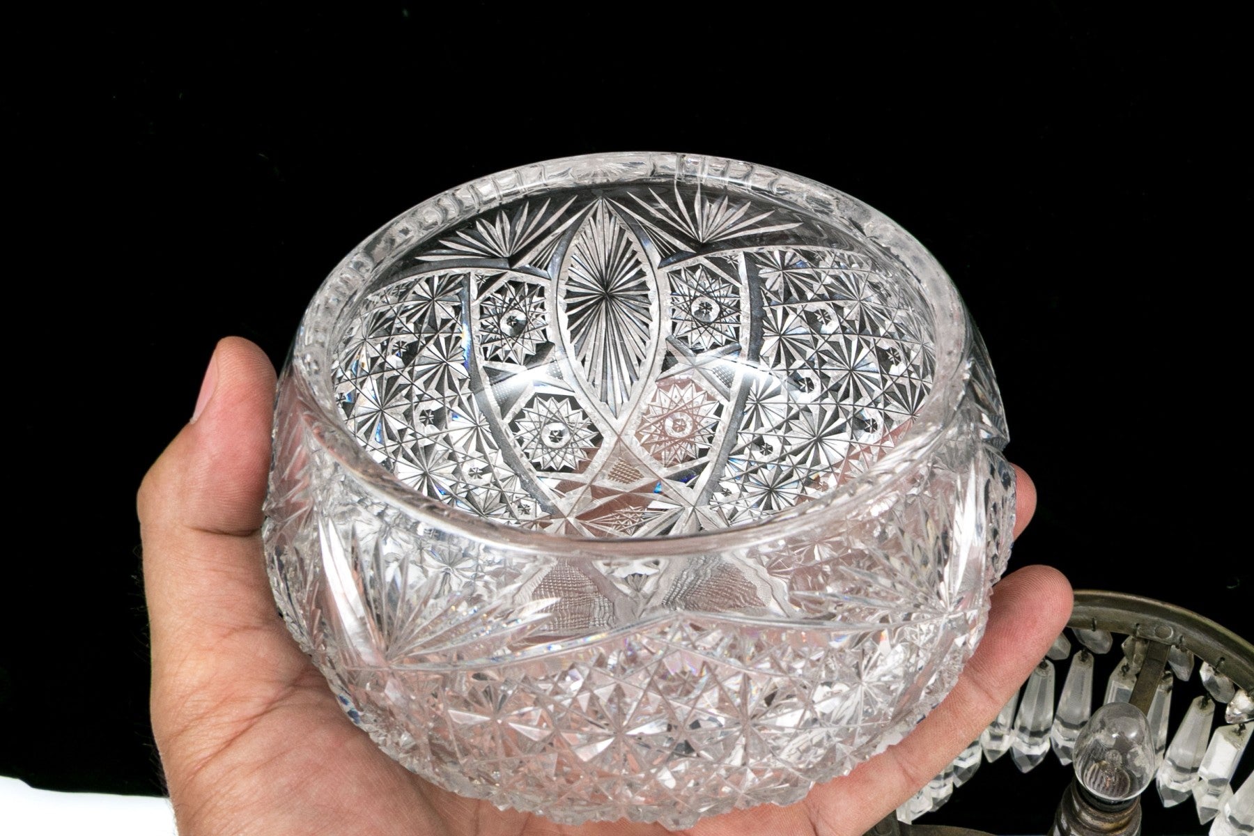 Antique American Brilliant Period Cut Glass Mushroom Lamp With Crystal Prisms