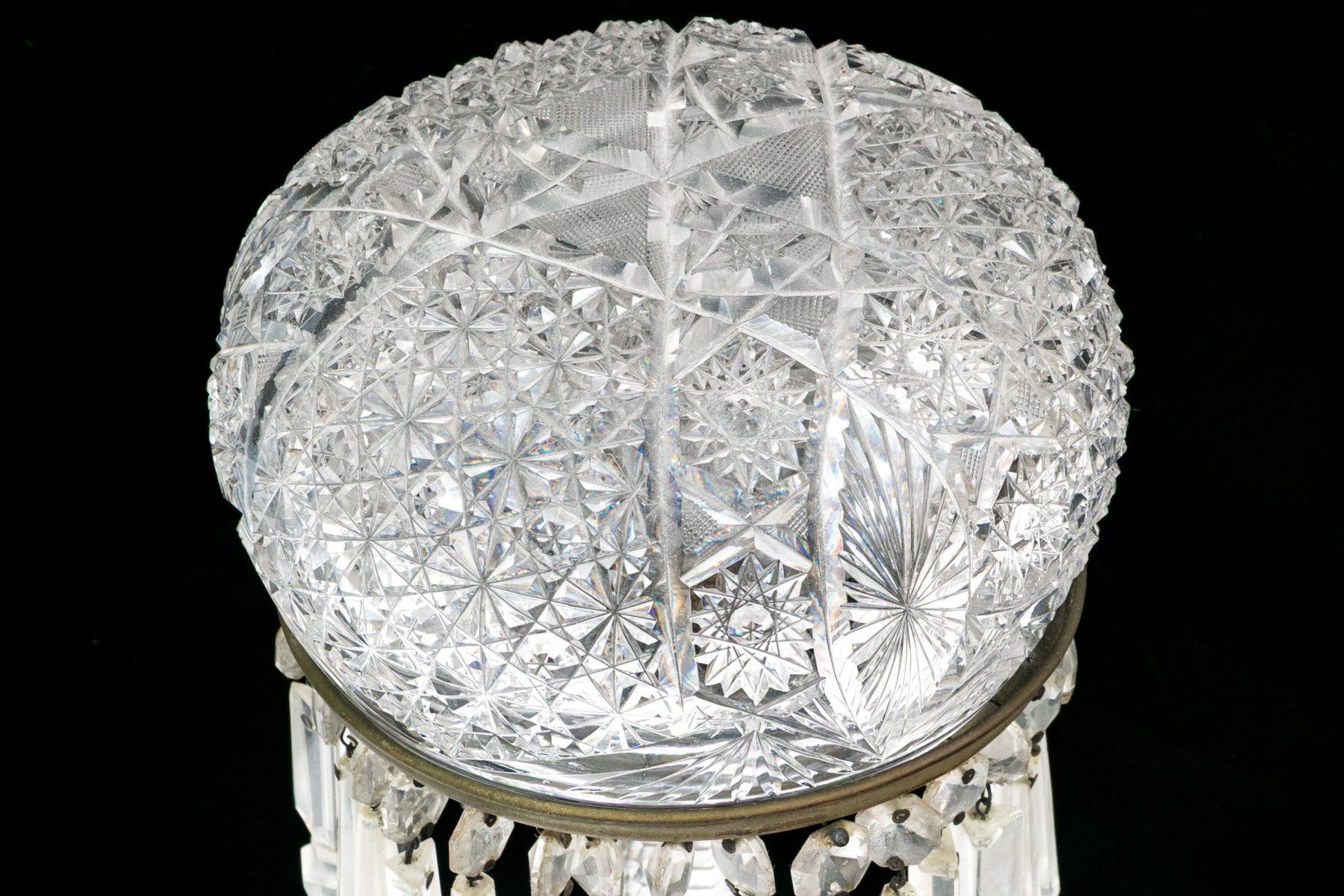 Antique American Brilliant Period Cut Glass Mushroom Lamp With Crystal Prisms