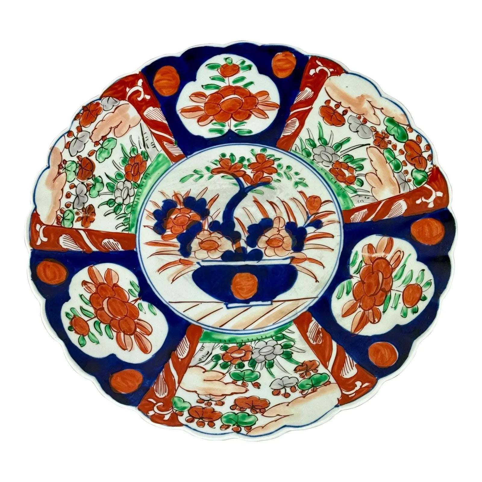 Large Antique Meiji Period Japanese Imari Scalloped Porcelain Charger 13.25 Inch
