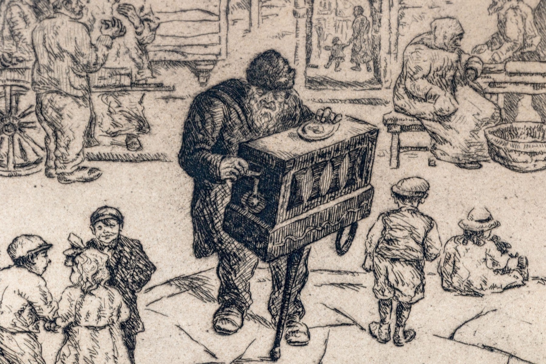 Abraham Phillips Signed Etching Organ Grinder Street Scene 1925
