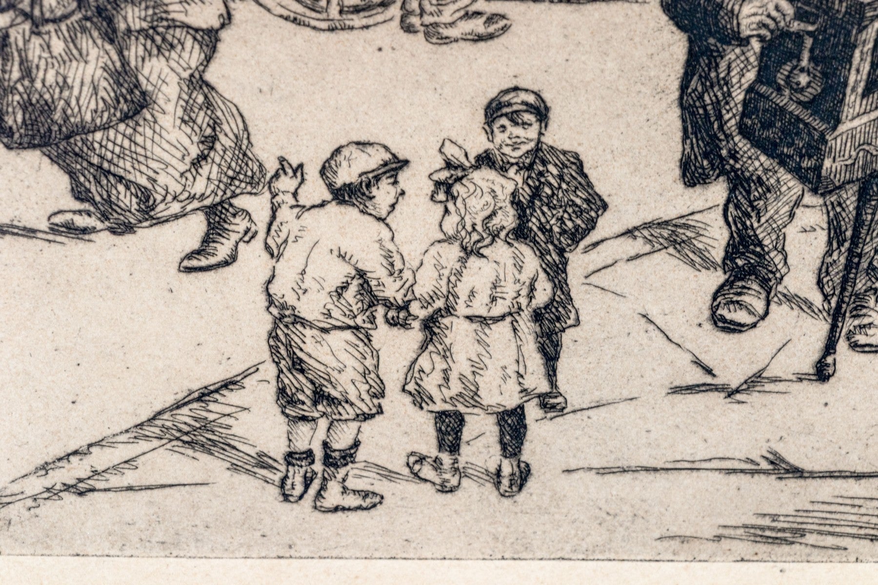 Abraham Phillips Signed Etching Organ Grinder Street Scene 1925
