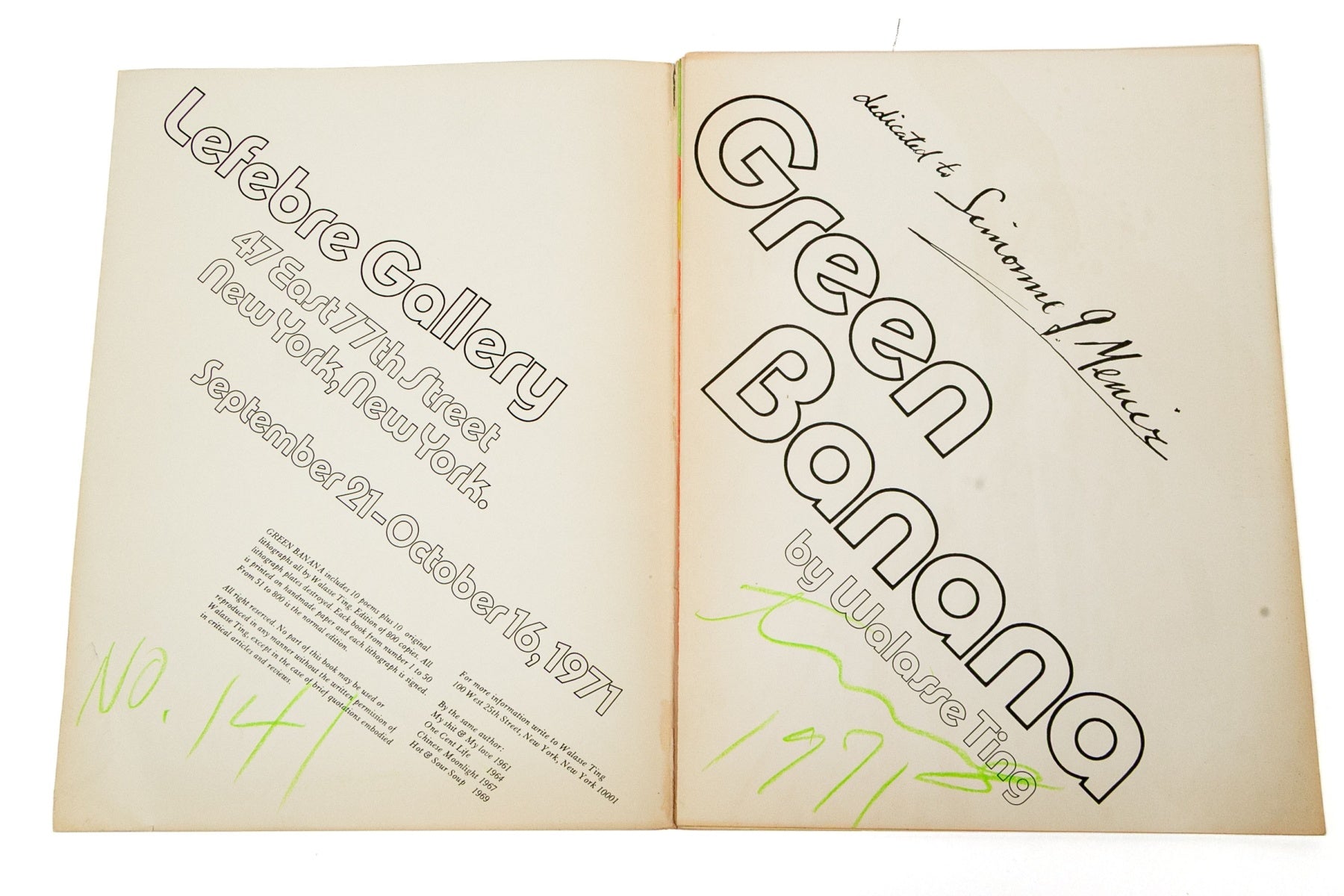 Signed Walasse Ting Green Banana Lithograph Portfolio Lefebre Gallery 1971
