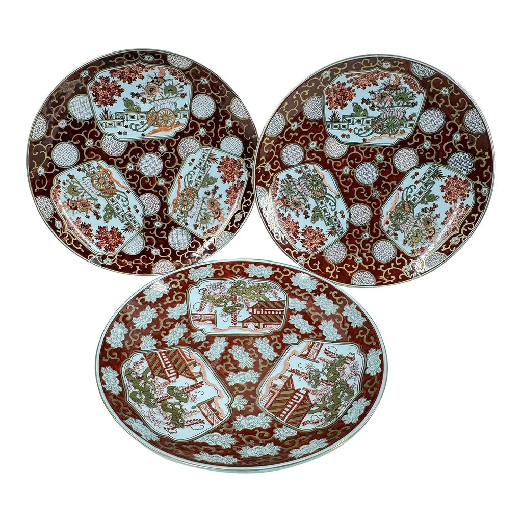 Stunning Vintage Japanese Imari "Rickshaw" Porcelain Charger Plates - Set of Three