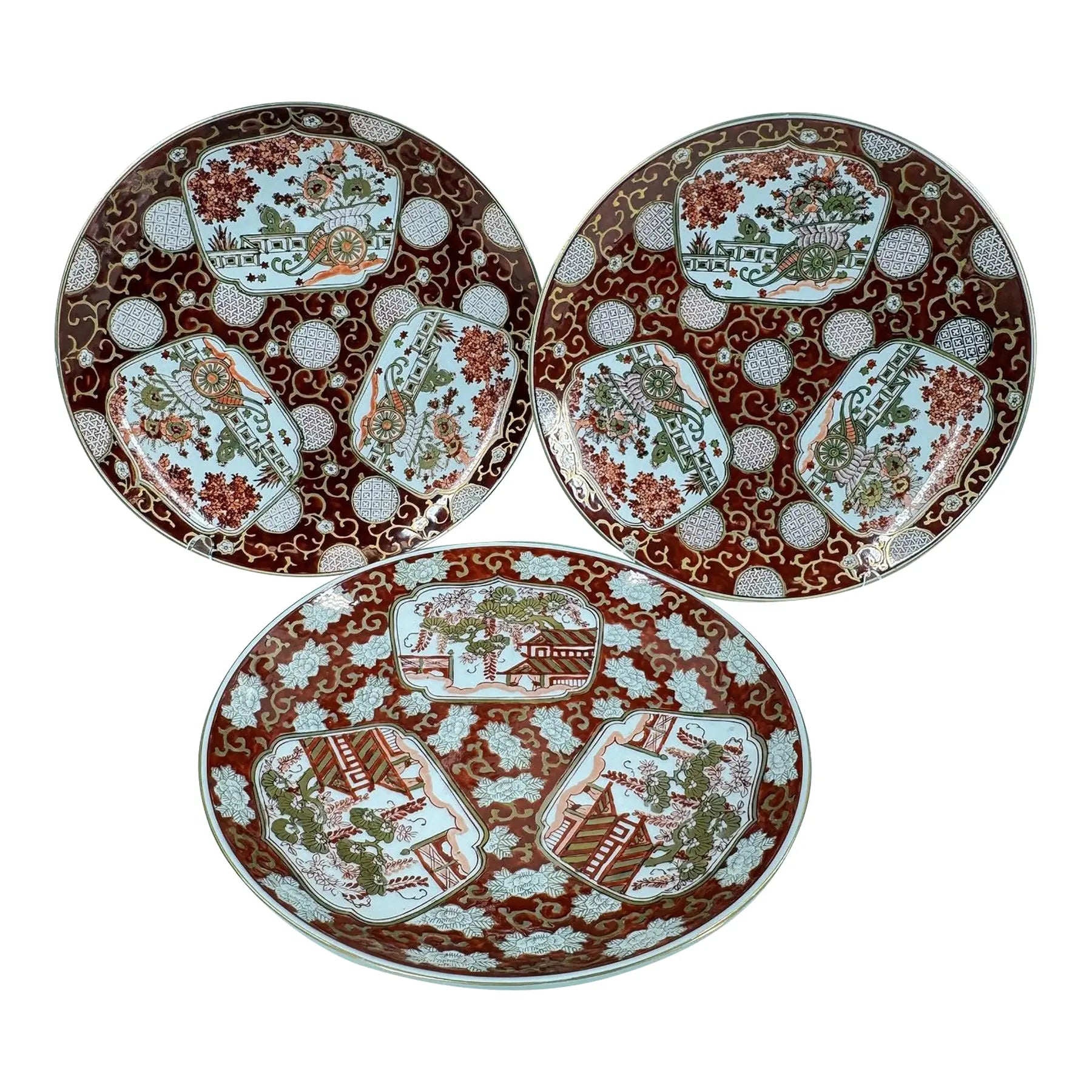 Stunning Vintage Japanese Imari "Rickshaw" Porcelain Charger Plates - Set of Three