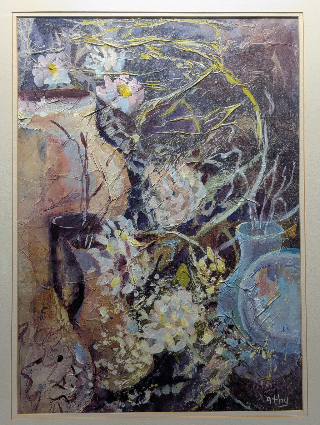 Original Athy Mixed Media Decoupage Still Life Floral Painting