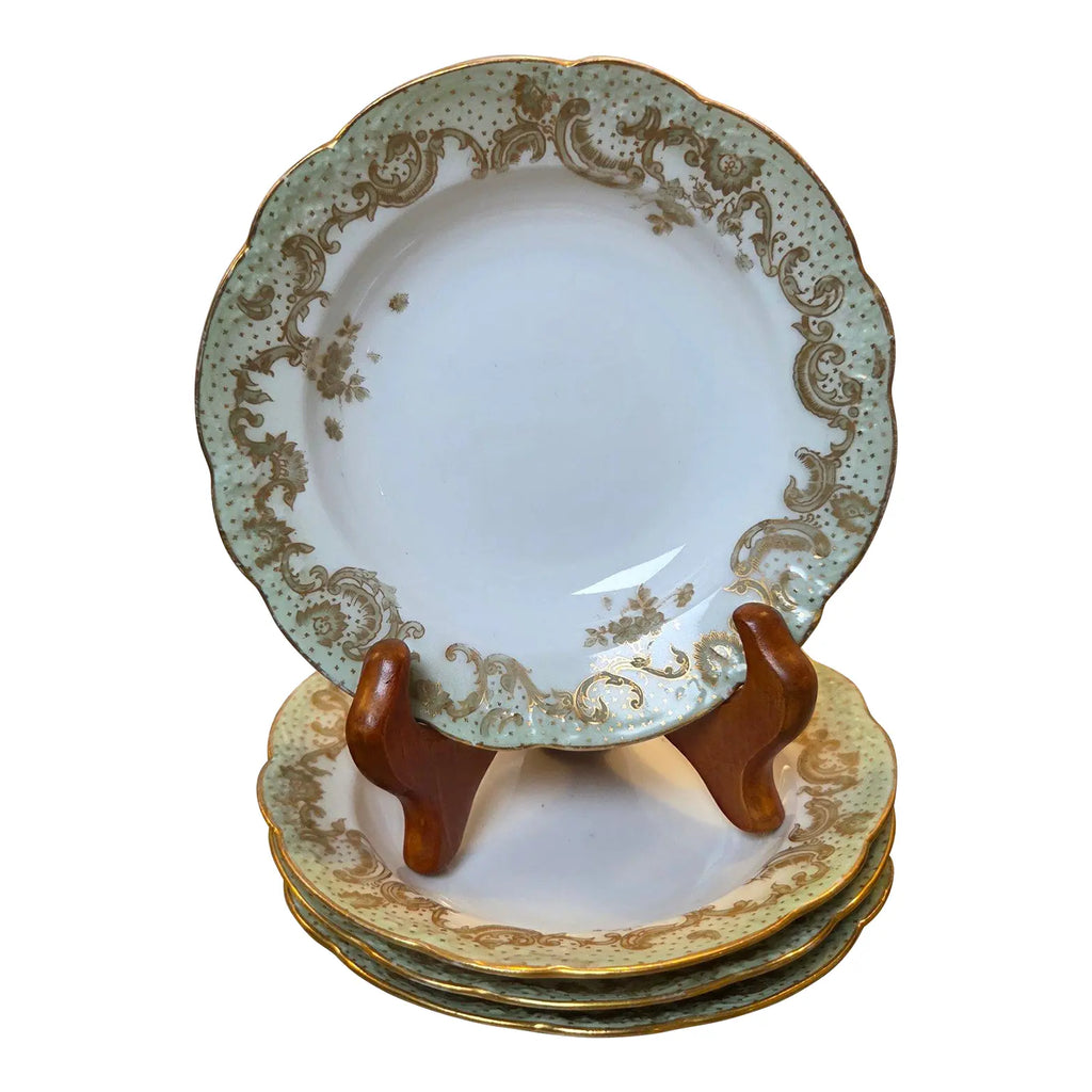 Antique 1896-1920 Elite Works Limoges France Celadon Dot & Gilded Scroll Berry Bowls - Set of 4