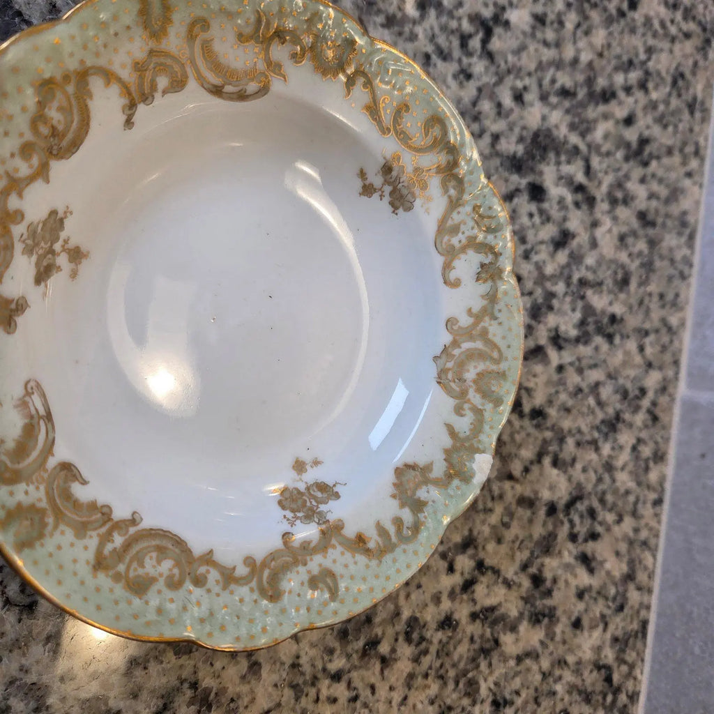 Antique 1896-1920 Elite Works Limoges France Celadon Dot & Gilded Scroll Berry Bowls - Set of 4