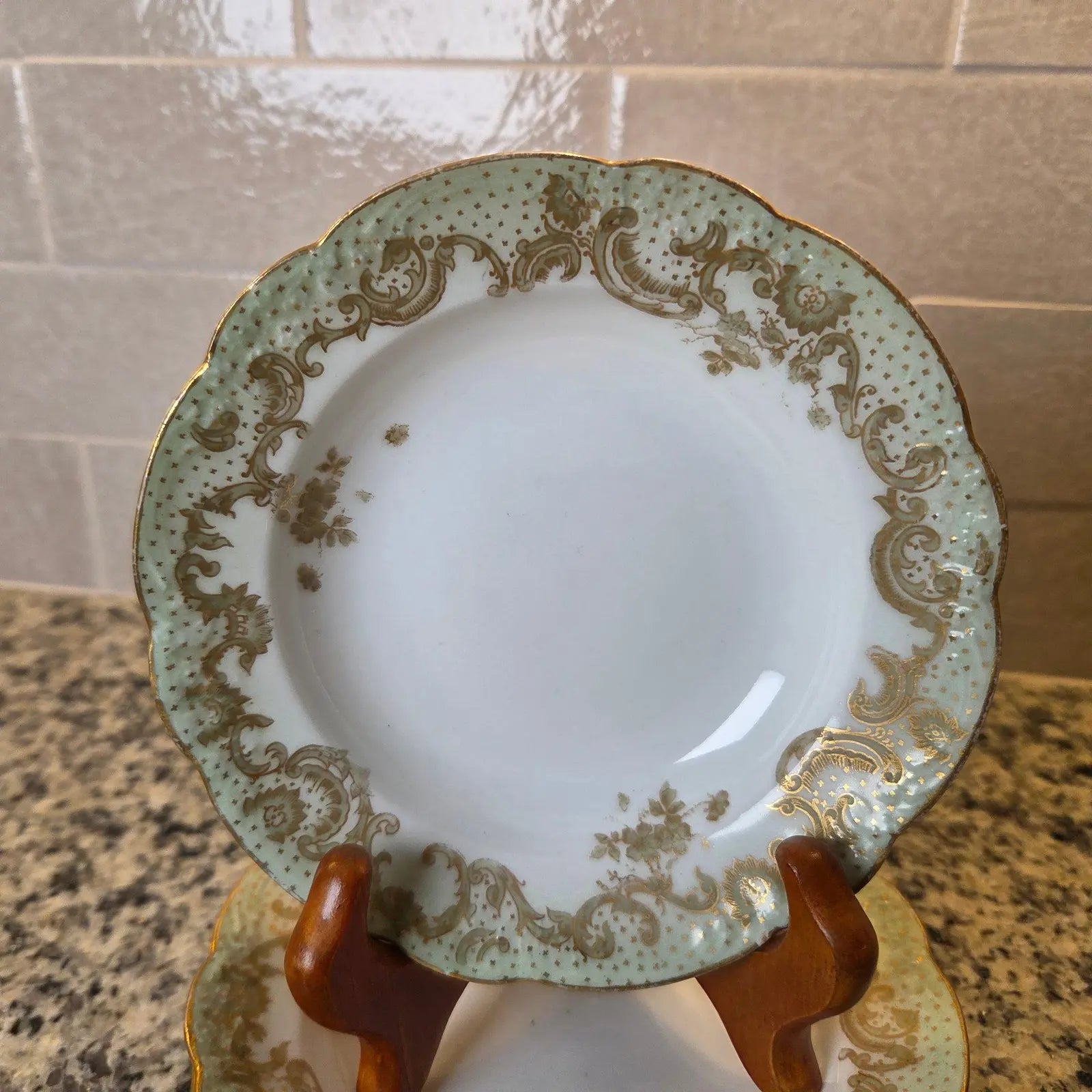 Antique 1896-1920 Elite Works Limoges France Celadon Dot & Gilded Scroll Berry Bowls - Set of 4