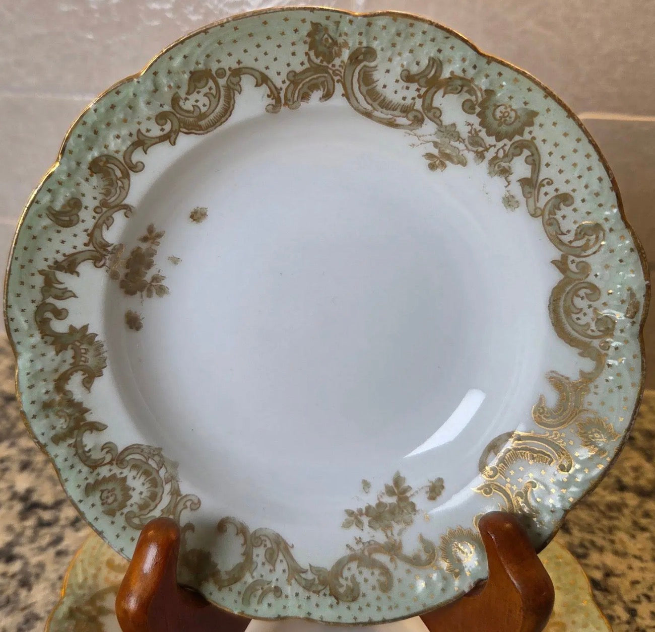 Antique 1896-1920 Elite Works Limoges France Celadon Dot & Gilded Scroll Berry Bowls - Set of 4