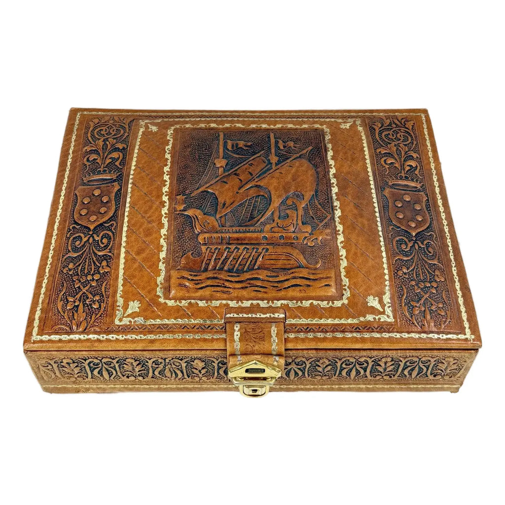 Mid-Century Argentinian Embossed Leather Music Box with Galleon Motif
