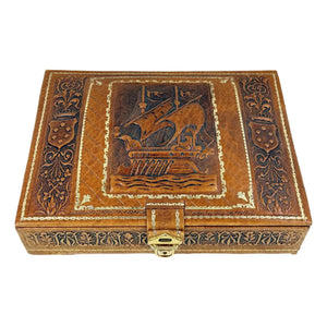 Mid-Century Argentinian Embossed Leather Music Box with Galleon Motif