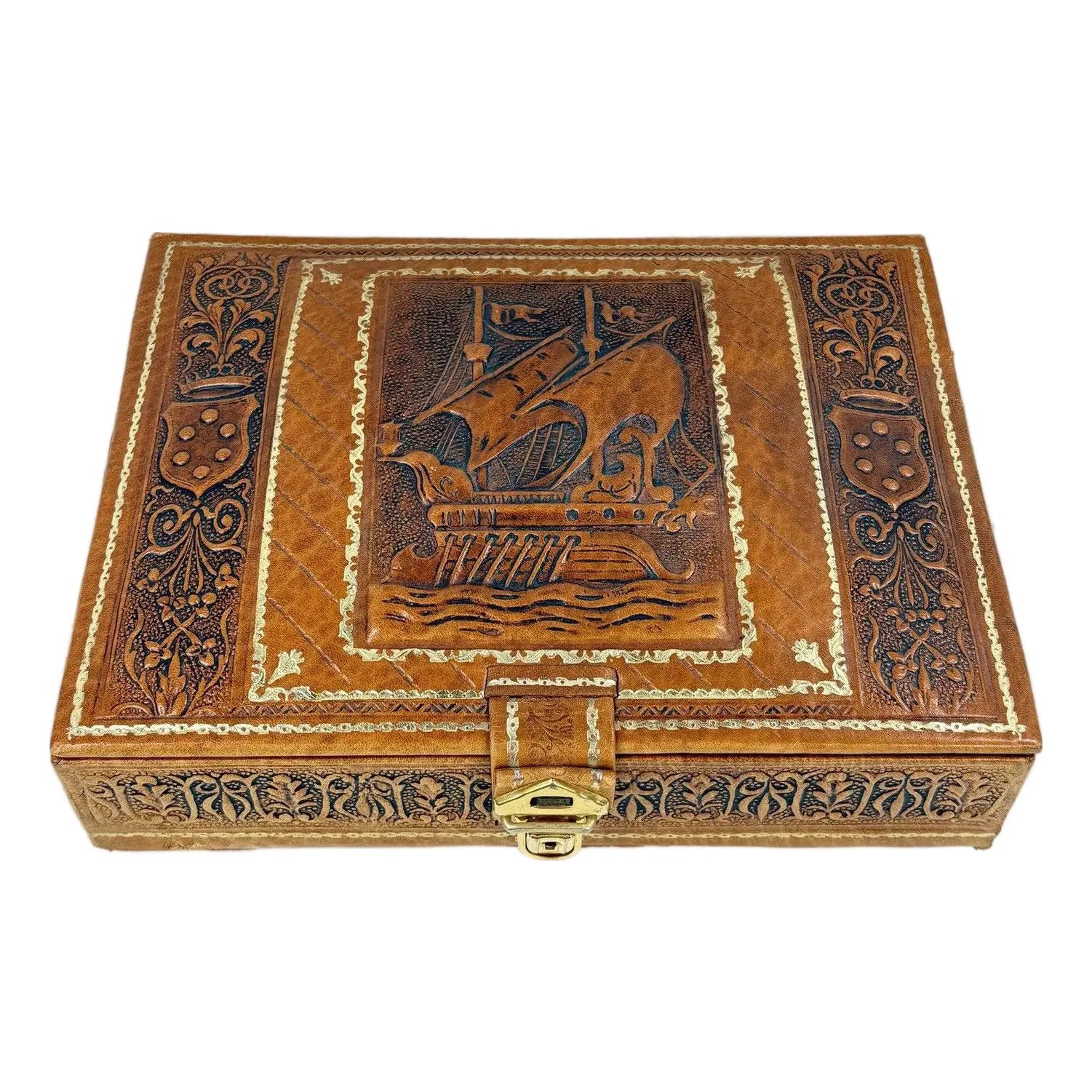 Mid-Century Argentinian Embossed Leather Music Box with Galleon Motif