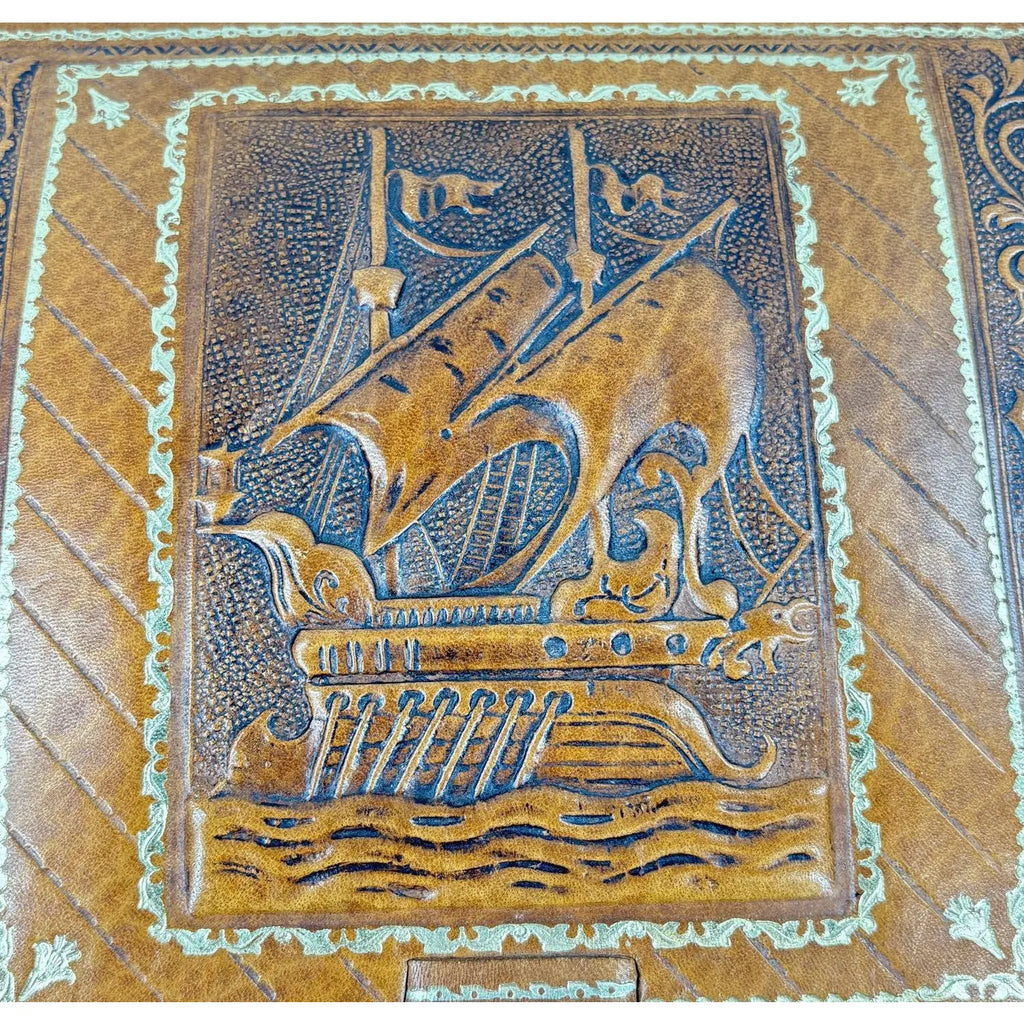 Mid-Century Argentinian Embossed Leather Music Box with Galleon Motif